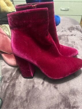 Velvet Block Heel Ankle Boots - Wine Red